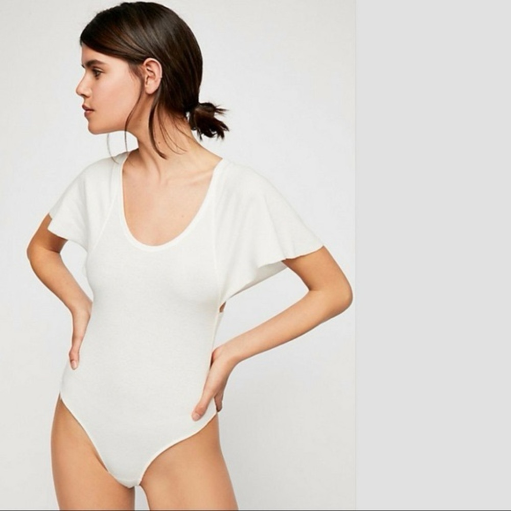 Free People Intimately Byron Ribbed Flutter-Sleeve Bodysuit, Size Large